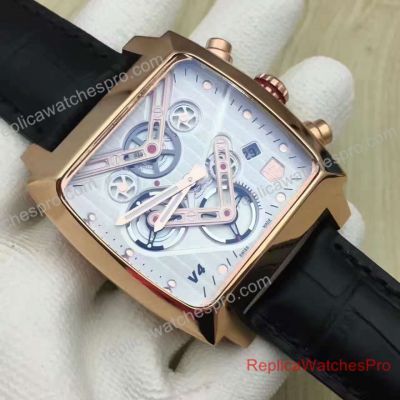 Replica Tag Heuer Monaco White Face V4 Square Watch Rose Gold Leather Band